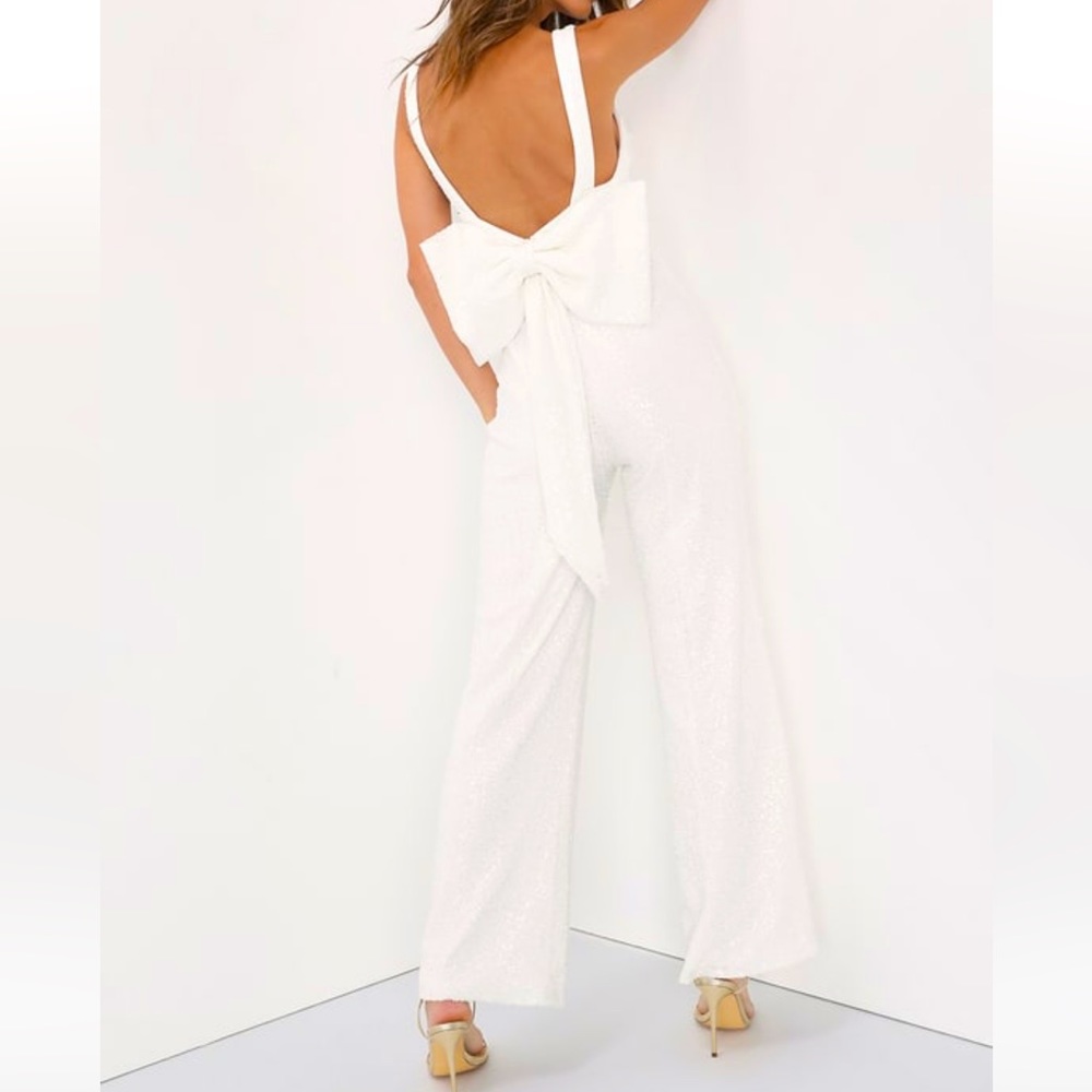 Lulus, size XS, white sequin v neck wide-leg jumpsuit. Worn once